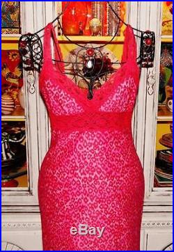Betsey Johnson VINTAGE Dress LEOPARD Animal HOT PINK Pinup LACE Slip S 2 4 6