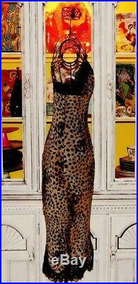 Betsey Johnson VINTAGE Dress LEOPARD Animal Print BLACK LACE Pinup Slip M 4 6 8