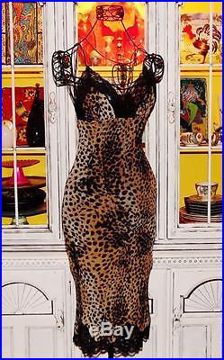 Betsey Johnson VINTAGE Dress LEOPARD Animal Print BLACK LACE Pinup Slip S 2 4 6