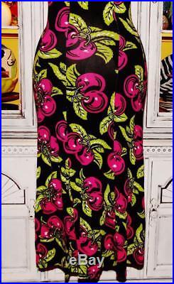 Betsey Johnson VINTAGE Dress PINK CHERRIES Black SLIP Floral Cherry XS S 0 2 4 6