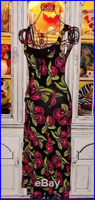 Betsey Johnson VINTAGE Dress PINK CHERRIES Black SLIP Floral Cherry XS S 0 2 4 6