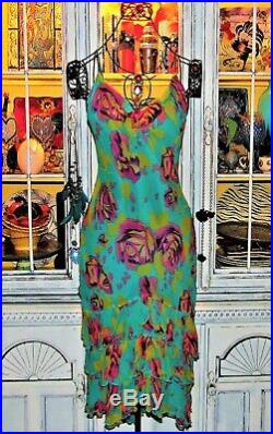 Betsey Johnson VINTAGE Dress PINK ROSE Floral Blue SILK Layered Pinup Slip 10 M