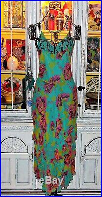 Betsey Johnson VINTAGE Dress PINK ROSE Floral Blue SILK Layered Pinup Slip 10 M