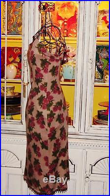 Betsey Johnson VINTAGE Dress ROSE FLORAL Taupe ANGORA WOOL Sweater SLIP M 6 8