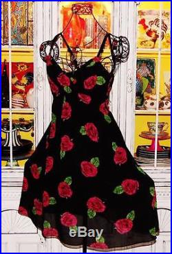 Betsey Johnson VINTAGE Dress ROSE Floral CHIFFON Wrap FIT & FLARE Black Slip 8 M