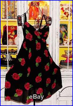 Betsey Johnson VINTAGE Dress ROSE Floral CHIFFON Wrap FIT & FLARE Black Slip 8 M