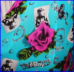 Betsey Johnson VINTAGE Dress ROSE Floral PHOTO JEWELRY Print FLARE Blue SLIP 2 S