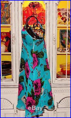Betsey Johnson VINTAGE Dress ROSE Floral PHOTO JEWELRY Print FLARE Blue SLIP 2 S
