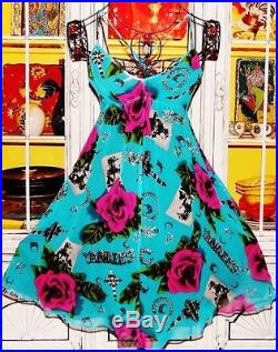 Betsey Johnson VINTAGE Dress ROSE Floral RUNWAY Photo FIT & FLARE Blue SLIP 2 S