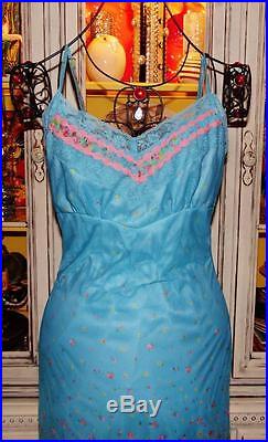 Betsey Johnson VINTAGE Dress SHEER MESH Blue ROSE GARDEN Floral SLIP Lace M 6 8