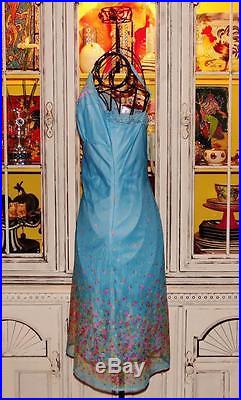 Betsey Johnson VINTAGE Dress SHEER MESH Blue ROSE GARDEN Floral SLIP Lace M 6 8