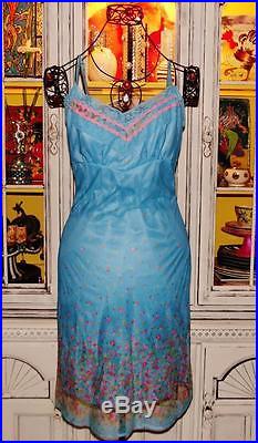 Betsey Johnson VINTAGE Dress SHEER NET Blue ROSE GARDEN Floral SLIP Lace M 6 8