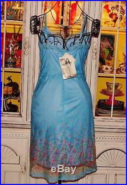 Betsey Johnson VINTAGE Dress SHEER NET Blue ROSE GARDEN Floral SLIP Lace M 6 8
