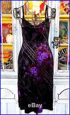 Betsey Johnson VINTAGE Dress STRETCH CRUSH VELVET Black FLORAL ROSE Slip L 10 12