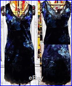 Betsey Johnson VINTAGE Dress STRETCH CRUSHED VELVET Blue ROSE Floral Slip S 4 6