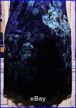 Betsey Johnson VINTAGE Dress STRETCH CRUSHED VELVET Blue ROSE Floral Slip S 4 6