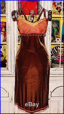 Betsey Johnson VINTAGE Dress STRETCH CRUSHED VELVET Brown LACE Bead SLIP M 6 8