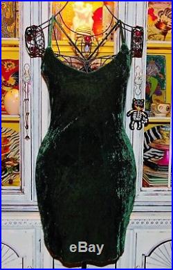 Betsey Johnson VINTAGE Dress STRETCH CRUSHED VELVET Green BODYCON Slip L 8 10 12