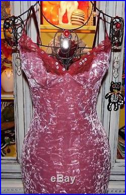 Betsey Johnson VINTAGE Dress STRETCH CRUSHED VELVET Lace Trim PINK Slip S 4 NWT