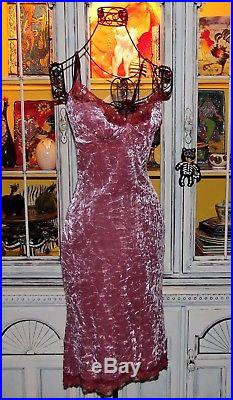 Betsey Johnson VINTAGE Dress STRETCH CRUSHED VELVET Lace Trim PINK Slip S 4 NWT