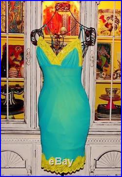 Betsey Johnson VINTAGE Dress TURQUOISE Blue HOT YELLOW LACE Pinup Slip S 2 4 6