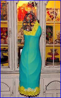 Betsey Johnson VINTAGE Dress TURQUOISE Blue HOT YELLOW LACE Pinup Slip S 2 4 6