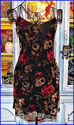 Betsey Johnson VINTAGE Dress VELVET BURNOUT Floral RED ROSE Black SLIP S 2 4 6