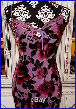 Betsey Johnson VINTAGE Dress VELVET BURNOUT Wine ROSE Lilac FLORAL Lace SLIP 6 S