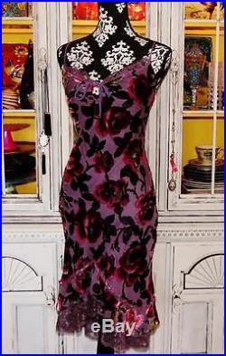 Betsey Johnson VINTAGE Dress VELVET BURNOUT Wine ROSE Lilac FLORAL Lace SLIP 6 S