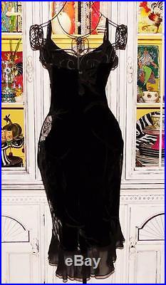Betsey Johnson VINTAGE Dress VELVET Black BURNOUT ROSE Floral IRIS Slip M S 6 8