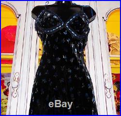 Betsey Johnson VINTAGE Dress VELVET Blue ROSEBUD Slip FLORAL Rose Black S 2 4 6