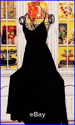 Betsey Johnson VINTAGE LUXE Dress VELVET Black DEEP V BACK Slip MAXI L 10 12