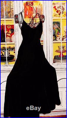 Betsey Johnson VINTAGE LUXE Dress VELVET Black DEEP V BACK Slip MAXI L 10 12