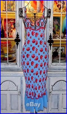 Betsey Johnson VINTAGE New York Dress RED APPLE Blue LACE Mesh RUFFLE Slip M 6 8