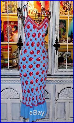 Betsey Johnson VINTAGE New York Dress RED APPLE Blue LACE Mesh RUFFLE Slip M 6 8