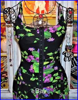 Betsey Johnson VINTAGE PUNK LABEL Dress FLORAL Black HOOK & EYE Slip XS S 2 4 6