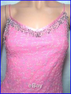 Betsey Johnson VTG 90s Sz S Silk Embroidered Pink Floral Slip Dress Beaded Midi