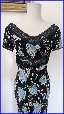 Betsey Johnson Vintage 90's Y2K Bias Cut Satin Floral Black Lace Midi Dress XS/S