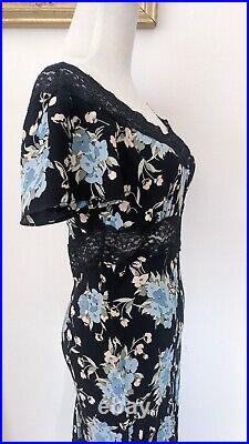 Betsey Johnson Vintage 90's Y2K Bias Cut Satin Floral Black Lace Midi Dress XS/S