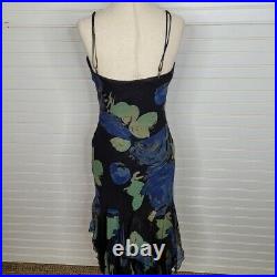 Betsey Johnson Vintage Black Silk Floral Slip Ruffle Dress 8 Midi Spaghetti