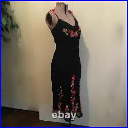 Betsey Johnson Vintage Black Silk Slip Dress Pink Organza Flowers womens size 6