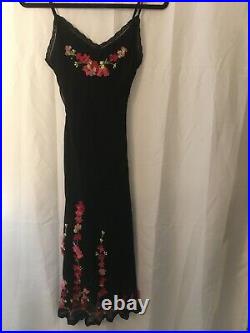 Betsey Johnson Vintage Black Silk Slip Dress Pink Organza Flowers womens size 6