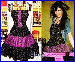 Betsey Johnson Vintage Dress Y2K Floral Corset Lace Up Top Tiered Skirt Sz Small