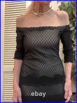 Betsey Johnson Vintage S Black Mesh Slip Dress 3/4 Sleeve Dotted Swiss Lined
