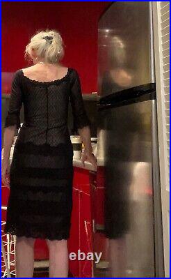 Betsey Johnson Vintage S Black Mesh Slip Dress 3/4 Sleeve Dotted Swiss Lined