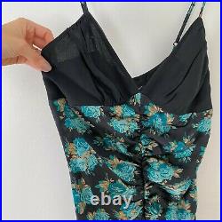Betsey Johnson Vintage Y2K Black Floral Ruched Silk Midi Slip Dress 2000s Size 4