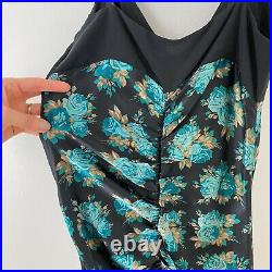 Betsey Johnson Vintage Y2K Black Floral Ruched Silk Midi Slip Dress 2000s Size 4