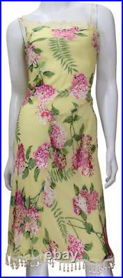Betsey Johnson Vtg Y2K Women's 2 Yellow Floral Silk Dress Bias Beaded Lace Slip