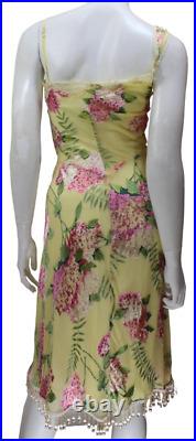 Betsey Johnson Vtg Y2K Women's 2 Yellow Floral Silk Dress Bias Beaded Lace Slip