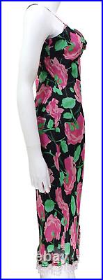Betsey Johnson Vtg Y2K Womens XS Floral Silk Chiffon Dress Bias Beaded Slip Rose